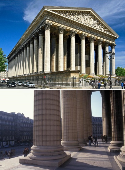 Величественные колонны напоминают об античном стиле коринфского ордера (Eglise de la Madeleine, Париж). 