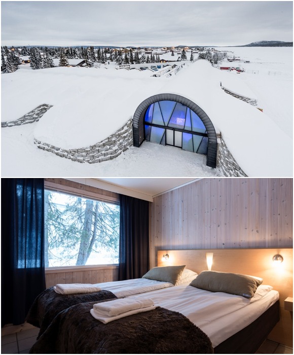 В отеле есть постоянные номера, ресторан и масса развлечений, так что отдыхать можно круглый год (Ice Hotel, Jukkasjarvi).