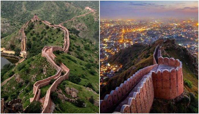 Защитная стена форта проходит по вершине хребта, как Великая Китайская стена (Jaigarh Fort, Индия).