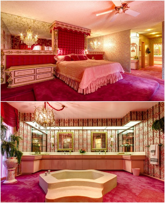 Все оттенки розового главной спальни и ванной-гардеробной могут не понравиться потенциальным покупателям (Палм-Спрингс, штат Флорида).