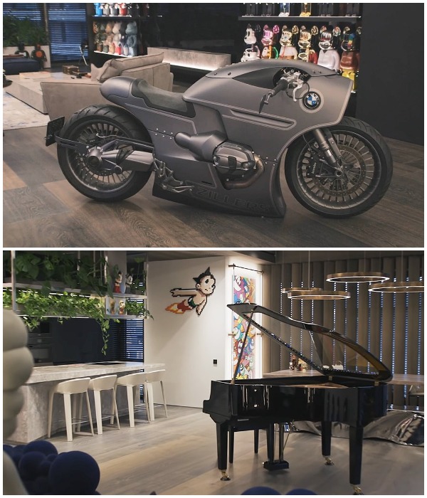 В гостиной не только рояль занимает почетное место, но и любимому мотоциклу от Zillers Garage нашлось место.
