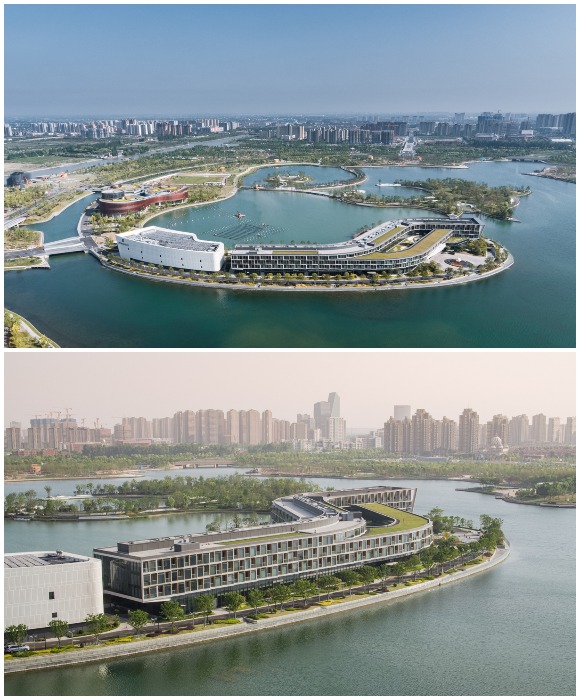 Благодаря плавным органичным формам масштабный архитектурный объект гармонично вписался в окружающий пейзаж (JW Marriott Hotel Shanghai, Китай).