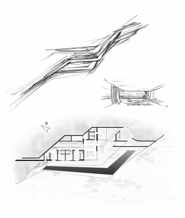 План-чертеж подземной виллы Casa Katana на острове Крит, разработанный архитектурной студией KRAK Architects. | Фото: dezeen.com.