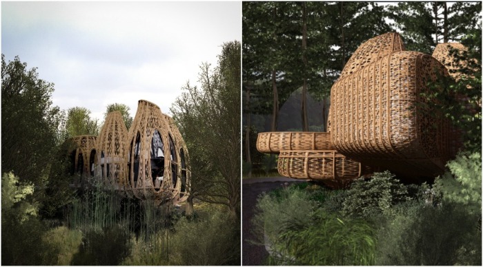 Бамбуковая плетеная оболочка поможет гармонично интегрировать кластеры в природный ландшафт (концепт Resort Chinese Baskets).