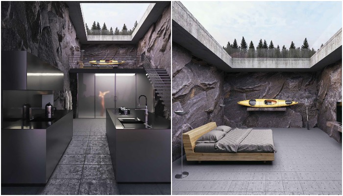 Стильный дизайн кухонной зоны, душа и спальной комнаты, где предусмотрены потолочные окна (визуализация Facing the sea).