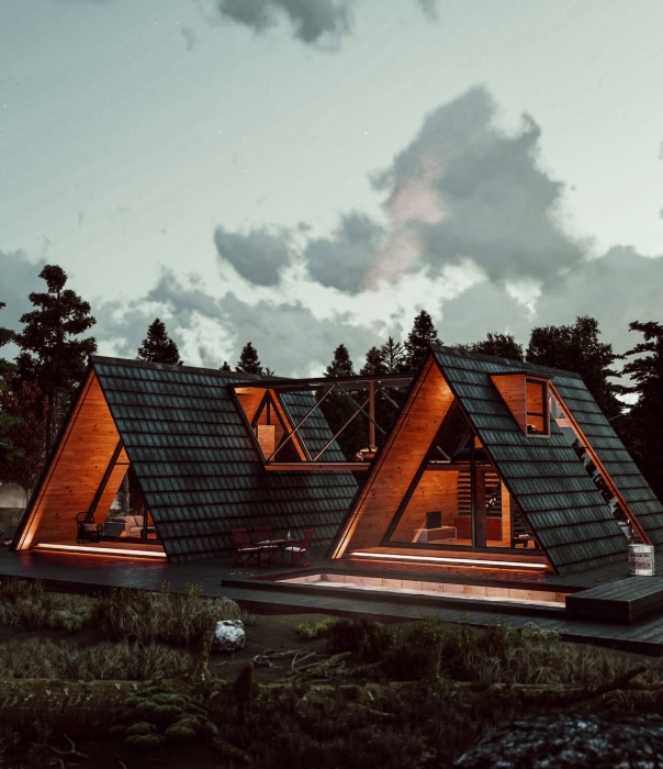 А-образная крыша позволяет создавать козырьки над окнами любой глубины (концепт коттеджного домика Gisoom). | Фото: blessthisstuff.com.