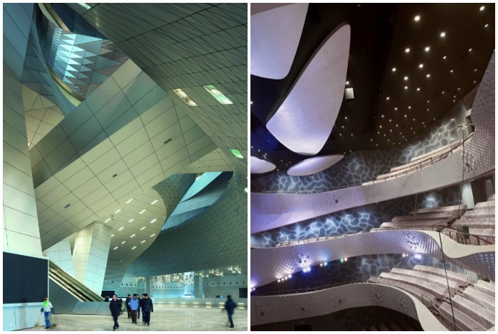 Интерьеры многочисленных залов и выставочных площадей повторяют нереальные формы оболочки фасада (Dalian International Conference Center, Китай).