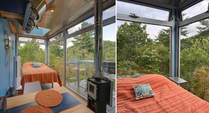 Спальня контейнерного домика может похвастаться панорамным обзором, удобной двуспальной кроватью, дровяной печкой и множеством систем хранения (River Forest Lookout, США).
