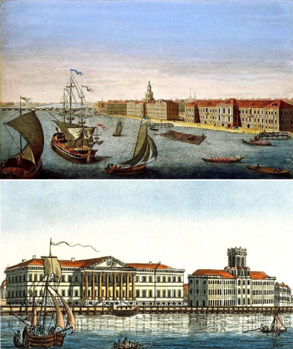 Так выглядела Кунсткамера сразу после открытия и после пожара 1747 года (гравюры XVIII век).