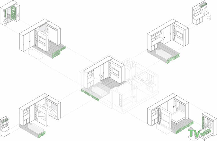 Схема организации пространства с разным положением передвижной модульной стены (Five to One Apartment, Нью-Йорк). | Фото: caandesign.com.