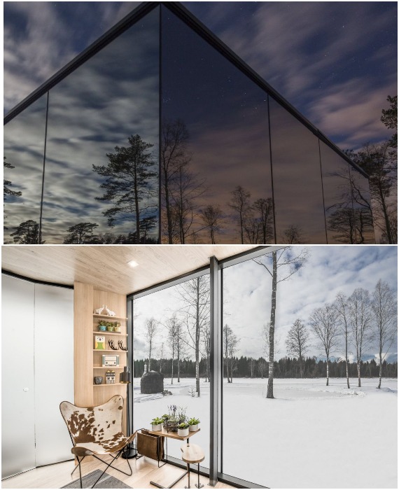 Благодаря зеркальному напылению отдыхающие могут наслаждаться красотой природного окружения, оставаясь незамеченными (Йыэляхтме, Эстония).
