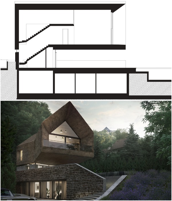 Продольное сечение конструкции дома и рендеринг концепции «Летний дом» (проект RAPA Chartered Architects). 