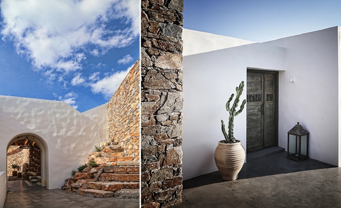 Несколько очаровательных двориков и переходов приведут к летней резиденции, интегрированной в склон скалистого холма (Syros Summer House, Греция).