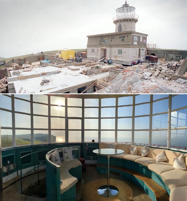 Маяк установили на новый фундамент так, чтобы и в будущем, при необходимости, его можно было передвигать (Belle Tout Lighthouse, Великобритания).