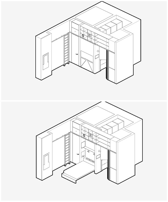 Конструкция мобильных, трансформирующихся и складных элементов превращает миниатюрную квартиру-студию в полноценное жилое пространство (Qorner Domestico, Эквадор).