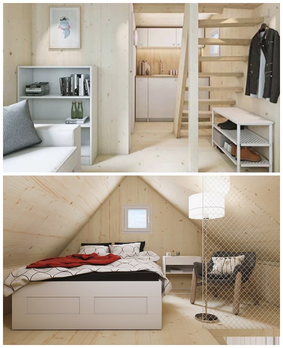 В мини-доме имеется гостиная, кухня, ванная комната и спальня (модель Brette Haus).