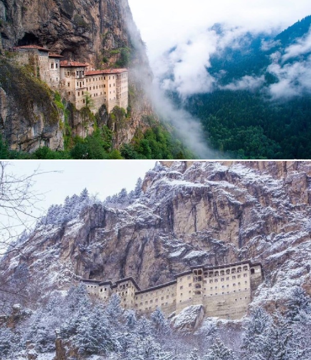 Панагия Сумела – один из старейших православных монастырей в мире, высеченный в скале на высоте 1,2 тыс. метров над уровнем моря (Турция).