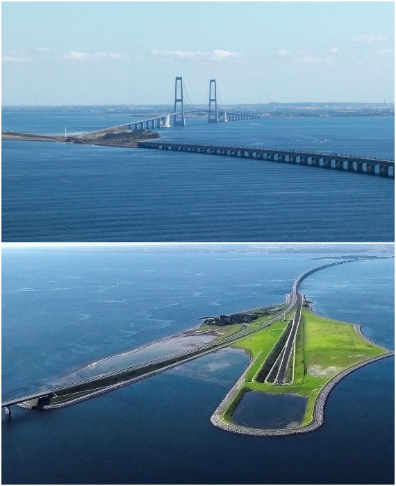 Соединение Великого пояса — это уникальное инженерное сооружение, один из крупнейших в мире транспортных маршрутов, состоящих из трех мостов и туннельных сооружений (Дания).