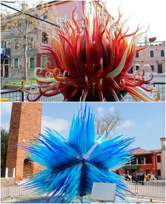 Примеры мастерства стеклодувов можно увидеть на улицах и площадях Мурано (Италия).