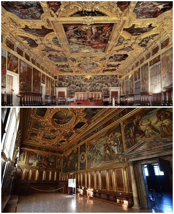 Роскошное убранство Зала Большого совета и Зал выборов в Палаццо Дукале (Венеция, Италия).