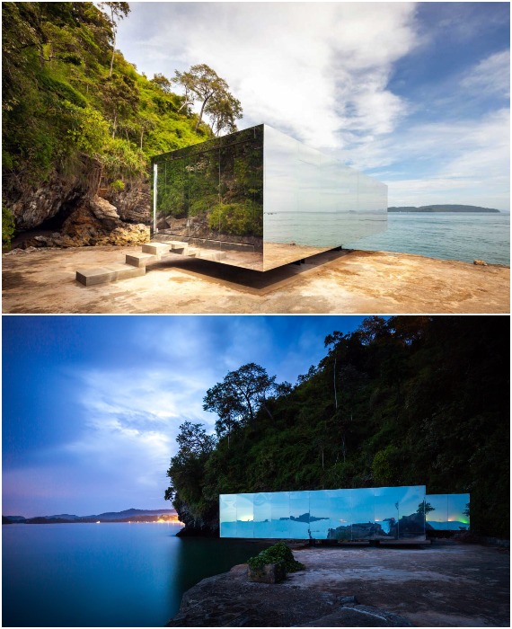 Зеркальный павильон No Sunrise No Sunset стал продолжением пляжа, моря, заката и буйной экзотической растительности (Таиланд).