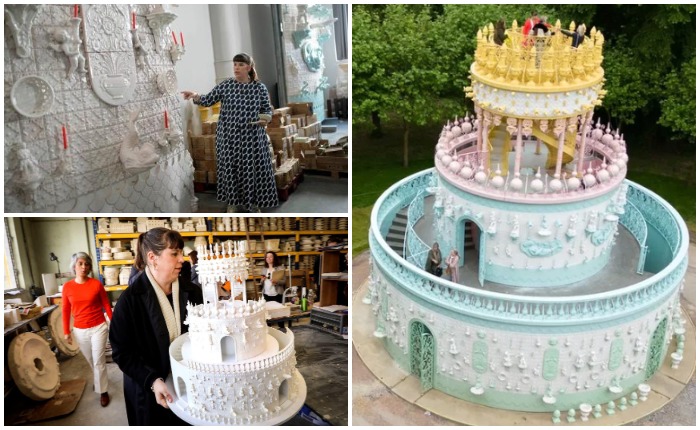 Популярной португальской художнице Жоане Васконселос понадобилось 5 лет, чтобы создать павильон в виде свадебного торта, правда, теперь по нему могут гулять гости и посетители поместья Уоддесдон (Великобритания).