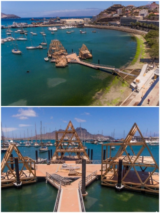 Для сборки конструкций павильонов и плавучих платформ отлично подошли местные материалы (Mansa Floating Hub, Кабо-Верде).