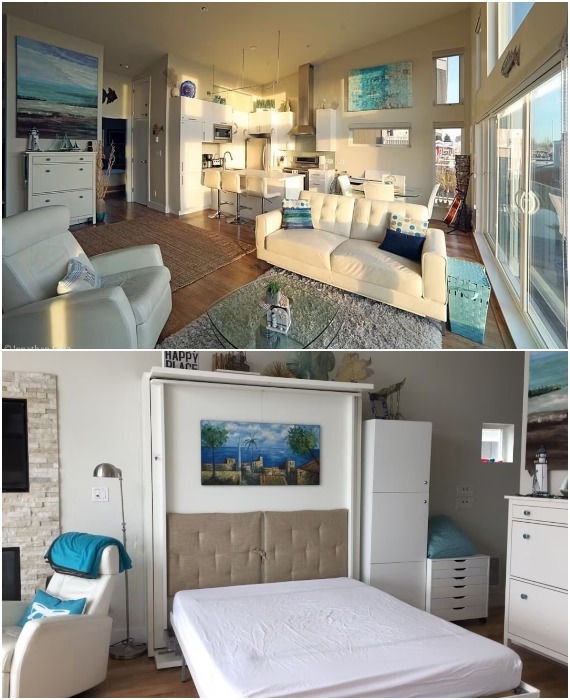 Открытая планировка, обилие окон и бело-голубых оттенков интерьера, делают сьют просторным и светлым (Ocean Suites, Ванкувер).