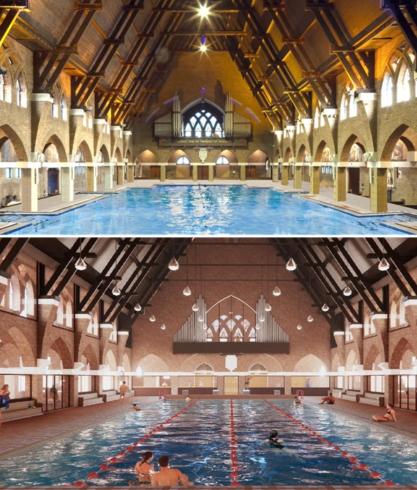 После реконструкции молитвенный зал станет бассейном (концепт Holy Water).