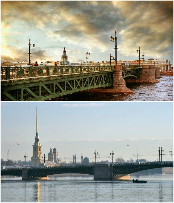 В дневное время Дворцовый мост словно стелется по воде, сливаясь с окружением (Санкт-Петербург).
