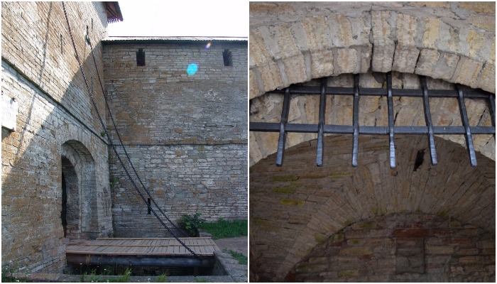 Вход в цитадель разместили в самом углу башни, защитив его глубоким рвом, толстыми стенами, откидным мостом и опускающейся решеткой (Шлиссельбургская крепость).