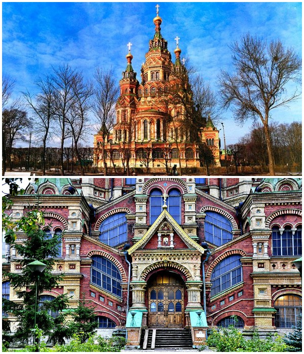 Собор Петра и Павла в Петергофе оформлен в неорусском стиле, типичном для конца XIX века.