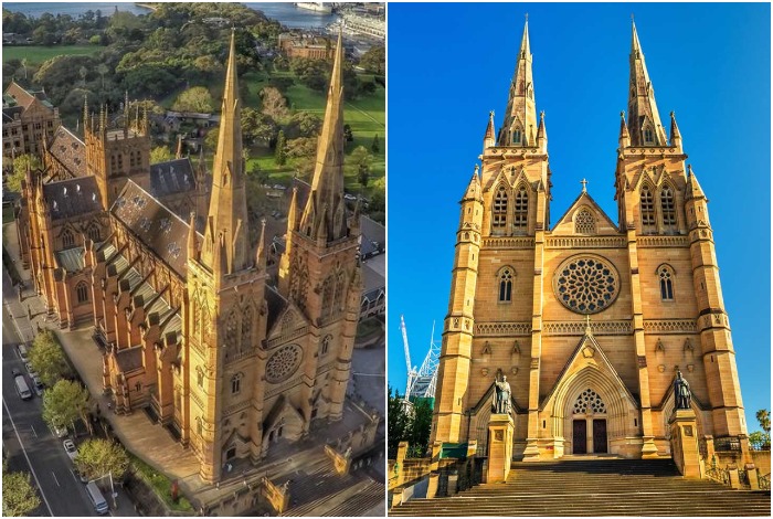 St Mary’s Cathedral может похвастаться неготическими шпилями, великолепными витражами, прекрасным внутренним убранством и звоном 14 колоколов (Сидней, Австралия).
