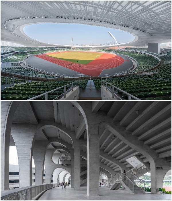 Светопропускающая синтетическая мембрана из PTFE, которой обернута из стали и бетона структура делает монументально здание невесомым (Цюйчжоу, Китай).