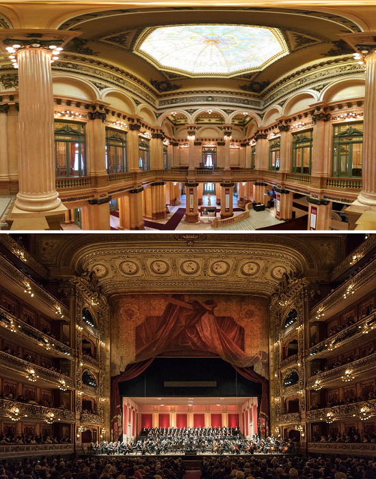 В интерьере театра переплелось несколько стилей, популярных в разных странах мира (Teatro Colon, Буэнос-Айрес).