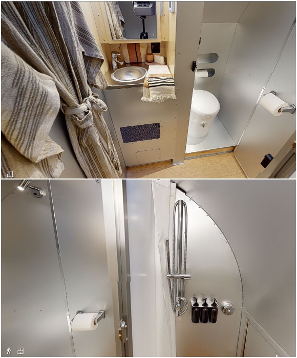 В туристическом трейлере предусмотрен благоустроенный душ, туалет, раковина, бойлер и емкости для питьевой воды (Bowlus Volterra).