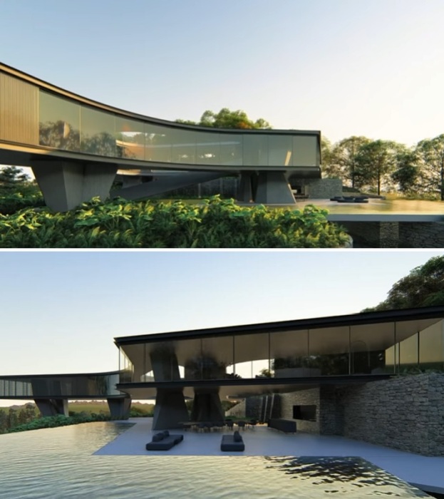 Обилие массива тонированного стекла поспособствовало гармоничной интеграции монументальной резиденции в живописный ландшафт (концепт Xingu House, Бразилия).