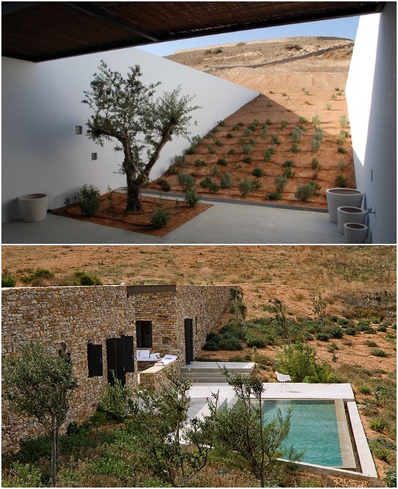 Грамотное расположение загородной резиденции и планировка позволили организовать несколько зон отдыха под открытым небом, навесы и бассейн (The Aloni House, Греция).