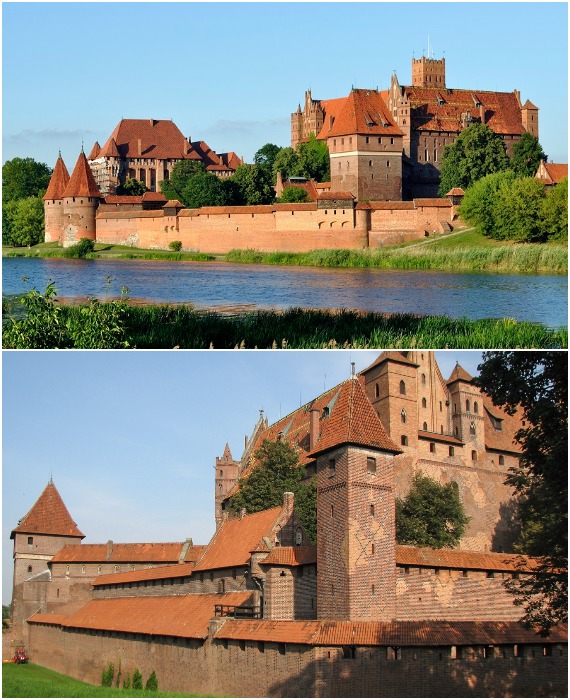 Замок Мальборк имеет несколько уровней защиты, включая глубокий ров с водой (Польша).