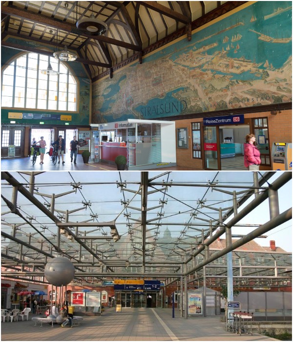 В 1990-х здания вокзала и перроны были отремонтированы, а последние полностью накрыли стеклянной крышей (Stralsund Hauptbahnhof, Германия).