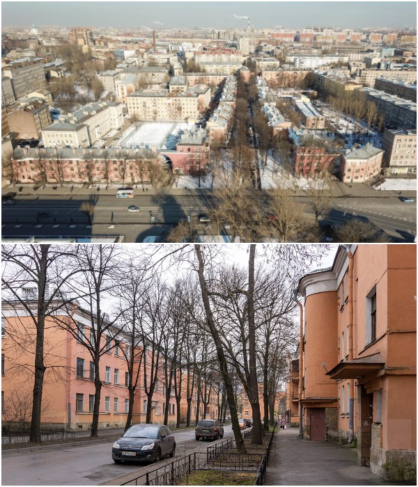 Здания рабочего квартала не повторяют друг друга, в них по-разному сгруппированы балконы, лестницы и карнизы (Жилмассив на Тракторной улице, Санкт-Петербург).