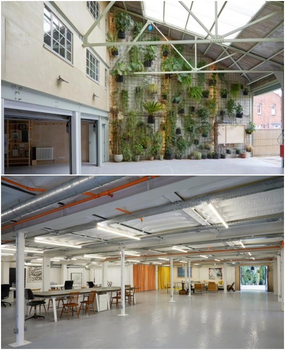 Нижний этаж превращен в офисное помещение, а внутренний дворик украшает «зеленая» стена (Лондон, Великобритания).