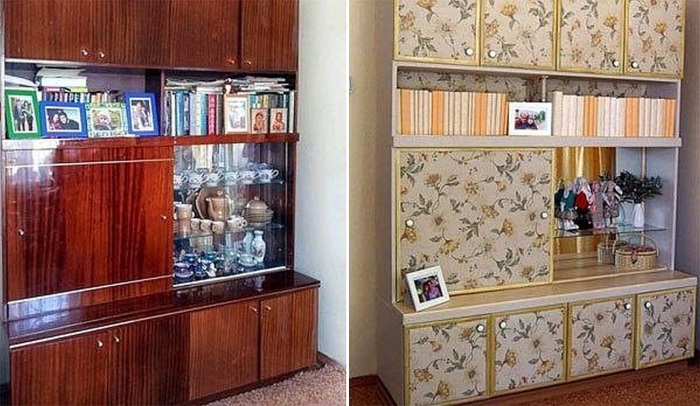 С помощью обычных обоев удалось преобразить старую советскую мебельную стенку. | Фото: buildinexpert.ru.