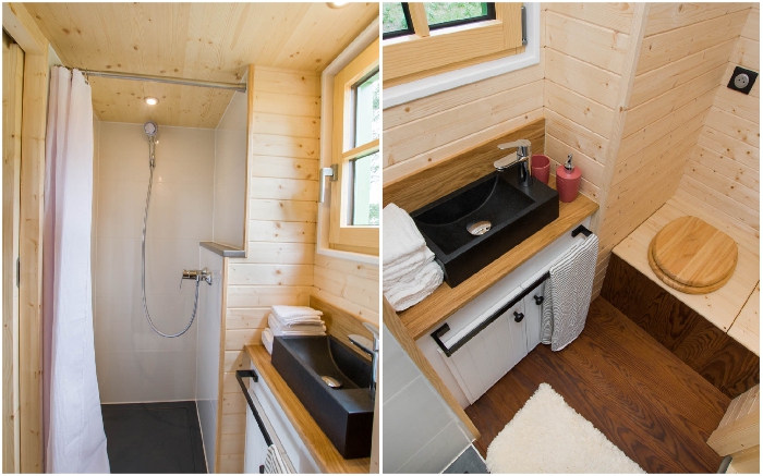 Крошечное пространство не стало помехой для оформления полноценной ванной комнаты (The Tiny house La Mesange Verte).
