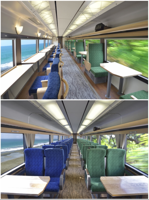 Синие кресла вагонов всегда находятся со стороны моря, а вот зеленые – позволяют любоваться горным ландшафтом. | Фото: trafficnews.jp/ japanstation.com.