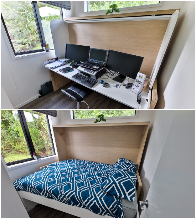 Благодаря трансформирующейся мебели домашний офис легко превращается в гостевую спальню. © IQ Container Homes.
