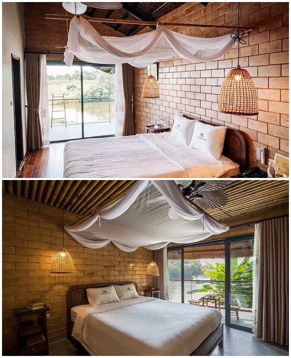 На нижнем уровне имеются две спальни с выходом на берег озера (Mr. Hung’s house, Вьетнам).