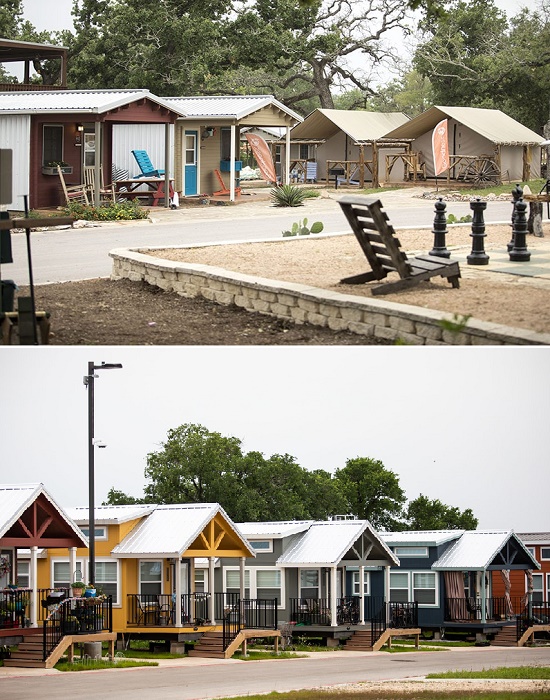 Территория деревни для бездомных Community First разбита на улицы и кварталы с общими зонами отдыха (Остин, Техас).