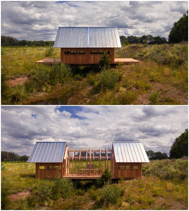 Обычный с виду деревянный домик легко превращается в многофункциональное жилое пространство, если раздвинуть его по центру (Cabin ANNA).