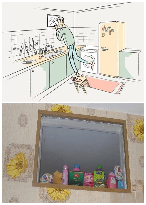 Окно между кухней и ванной каждый использовал на свое усмотрение.